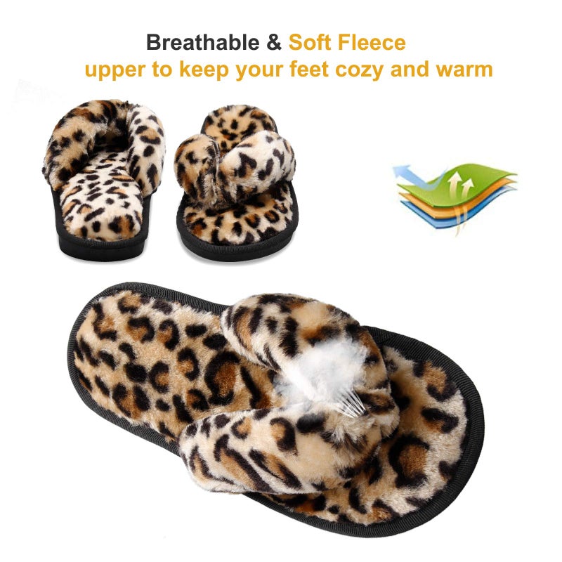 JOINFREE Women's Fuzzy Indoor Slippers Fluffy Warm Bedroom Slippers Slides for Women Leopard Gold 9.5-10.5 M US - Image 2